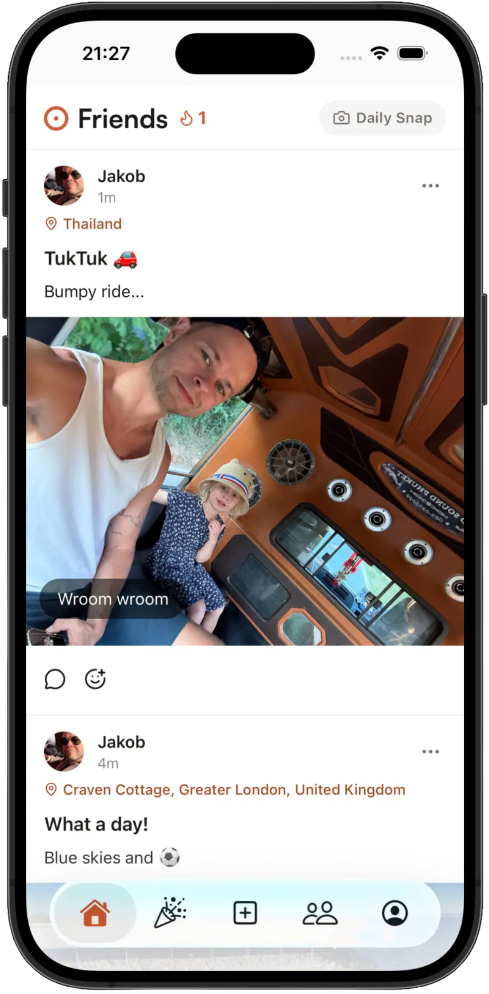 Feed screen showing family photos and birthday notification